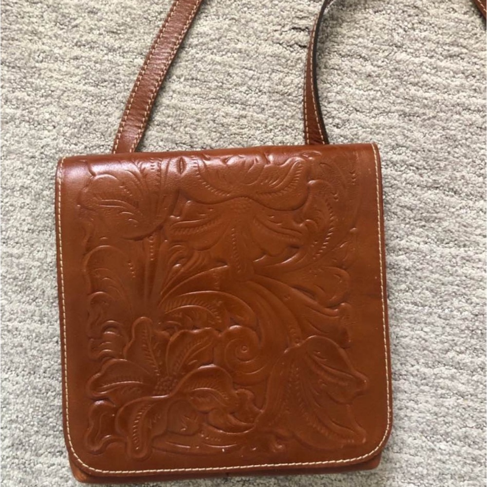 Patricia Nash Tooled Floral Leather Crossbody in Warm Cognac
